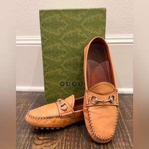 Gucci Horsebit Leather Driving Loafers Tan | Size 39 C (US 8.5) | Classic